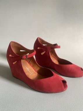 Jeffrey Campbell Red Suede Peep-Toe Mary Jane Wedges